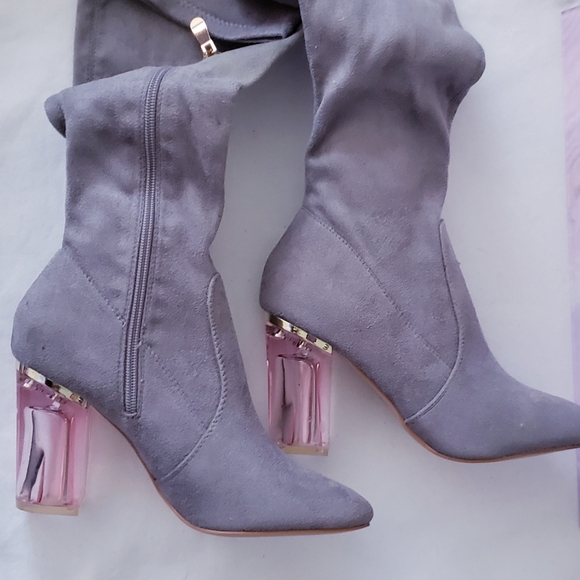 Cape Robbin Shoes - CAPE ROBBIN Grey Neptune Thigh High Pink Clear High Heel Boots